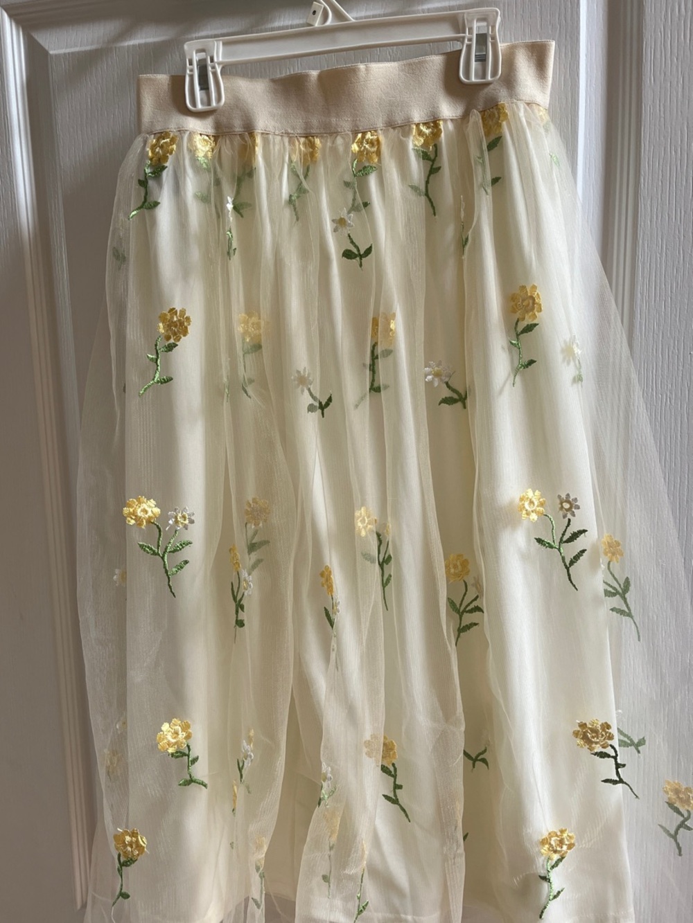 Cream Midi Tulle Skirt with Yellow Floral Embroidery